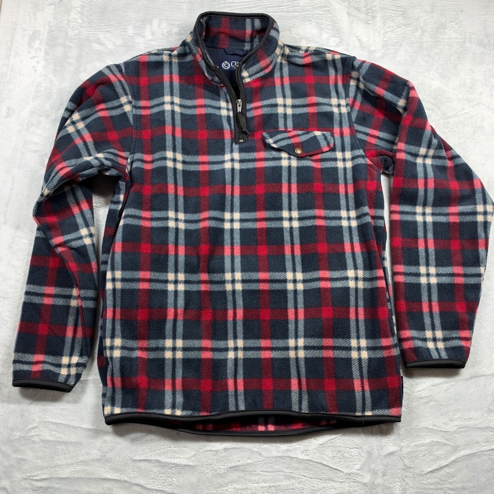 Chaps Mens M Plaid Fleece 1/4 Zip Pullover Navy Red Outdoor Cabincore
